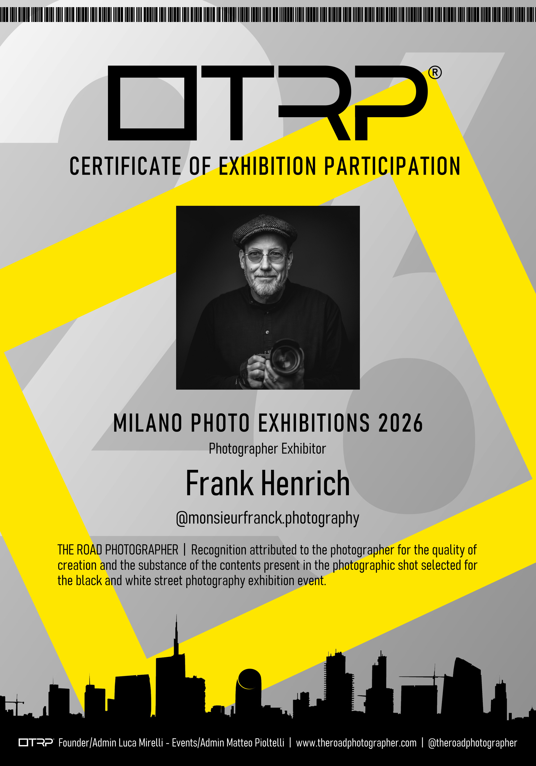 The Road Photographer Milano 2026 Certificate Monsieur Franck